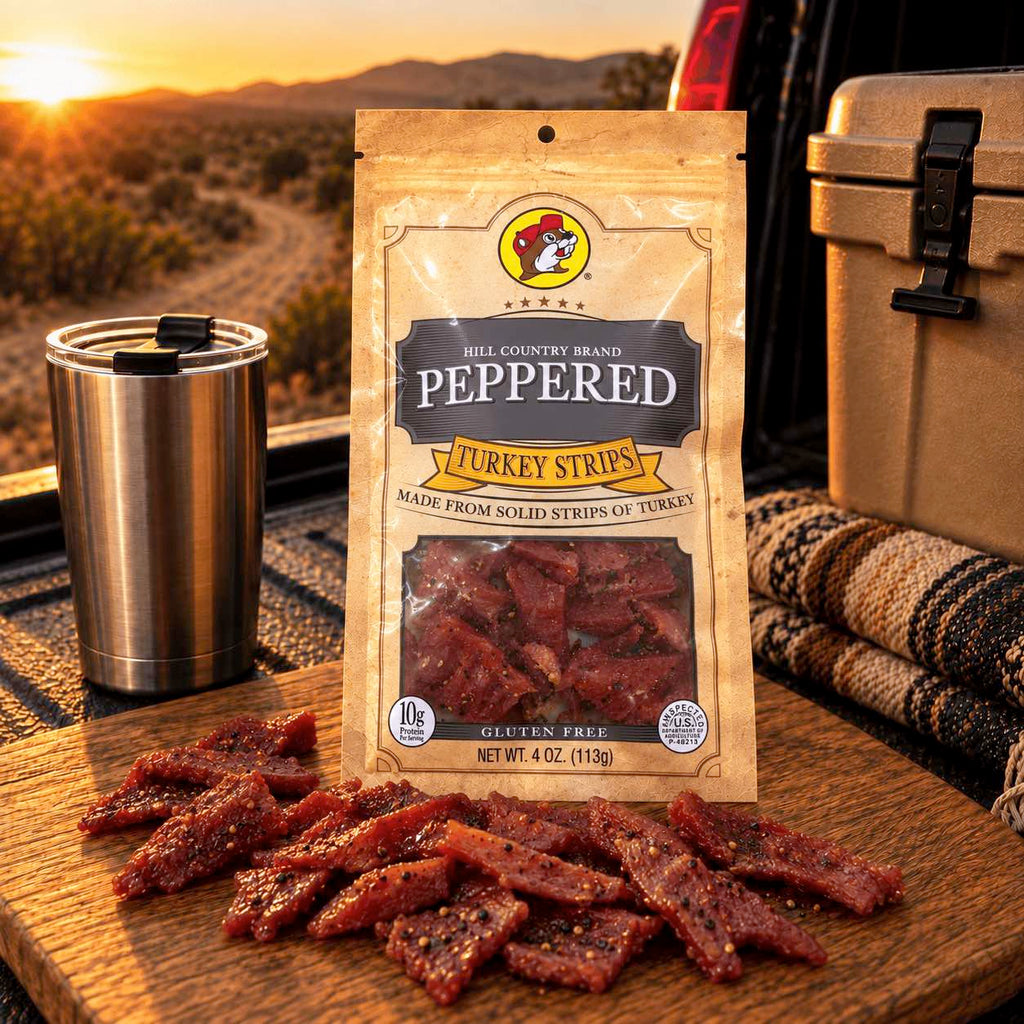 Buc-ee's Peppered Turkey Strips 4 oz bag displayed on a wooden board in an outdoor setting
